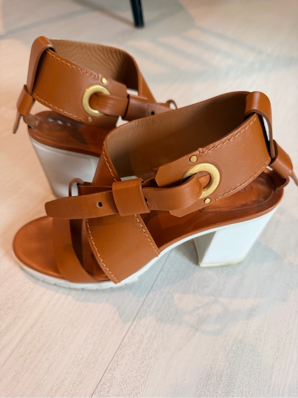 Chloe Women’s Tan Leather Block Heel Sandals with Gold Buckle